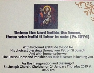 Invitation for inauguration and Blessing of the church at Choithar