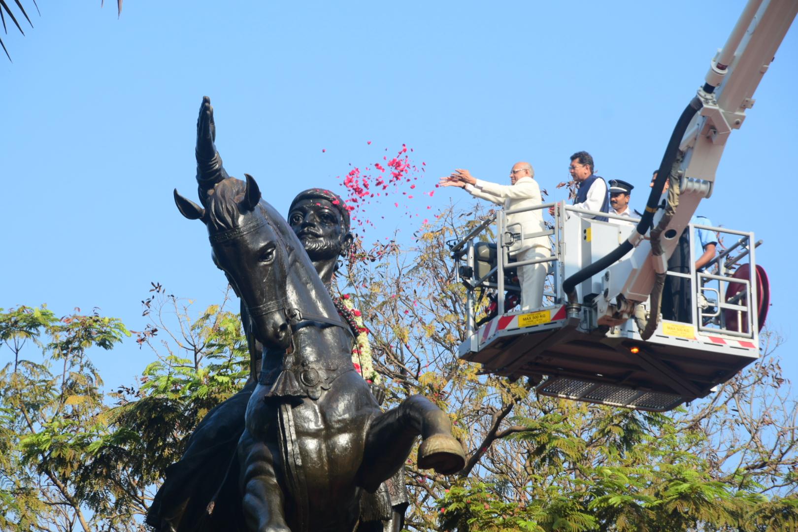 Governor Bais garlands statue of Chhatrapati Shivaji Maharaj on Shiv Jayanti