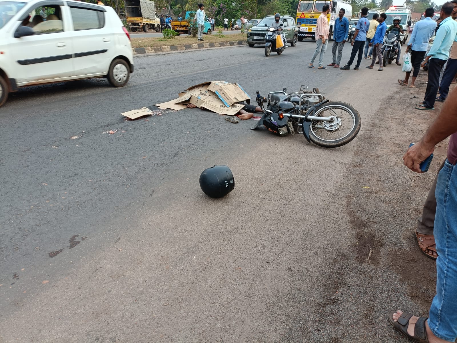 A bike rider killed on the spot after private bus hit near Nittur Petrol Station NH 66