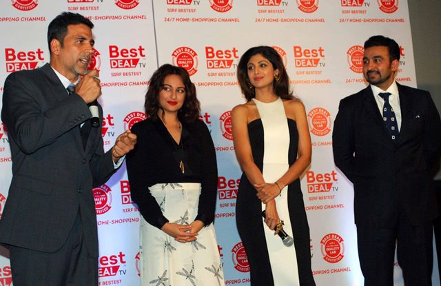 Bollywood actors Akshay Kumar, Actress Sonakshi Sinha, Shilpa Shetty during the launch of Best Deal TV in Mumbai
