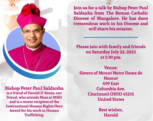 Bishop Peter Paul Saldanha to visit Cincinnati in USA