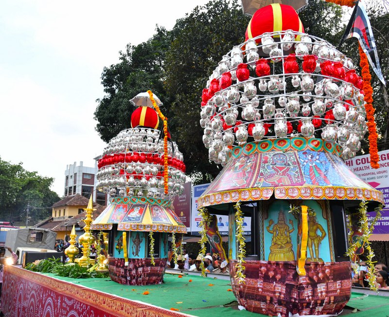 A Colorful procession on the dedication of the Suvarna Gopura at Sri Krishna temple
