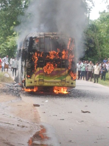 Bike, bus reduced to ashes in mishap; biker loses life